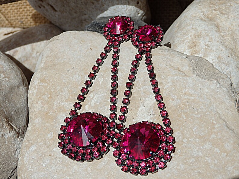 Long Pink Fuchsia Earrings Fuchsia Chandelier Earrings Oxidized Silver Earrings Stud Chandelier Earrings Women Fuchsia Crystal Earrings