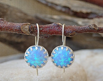 Blue Opal Silver Earrings, Rounded Earrings, Drop Opal Earrings, October Birthstone, Silver Opal Drop Earrings, Blue Fire Opal Jewelry Gift