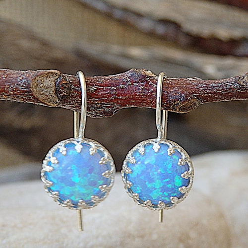 Blue Opal Silver Earrings Rounded Earrings Drop Opal - Etsy