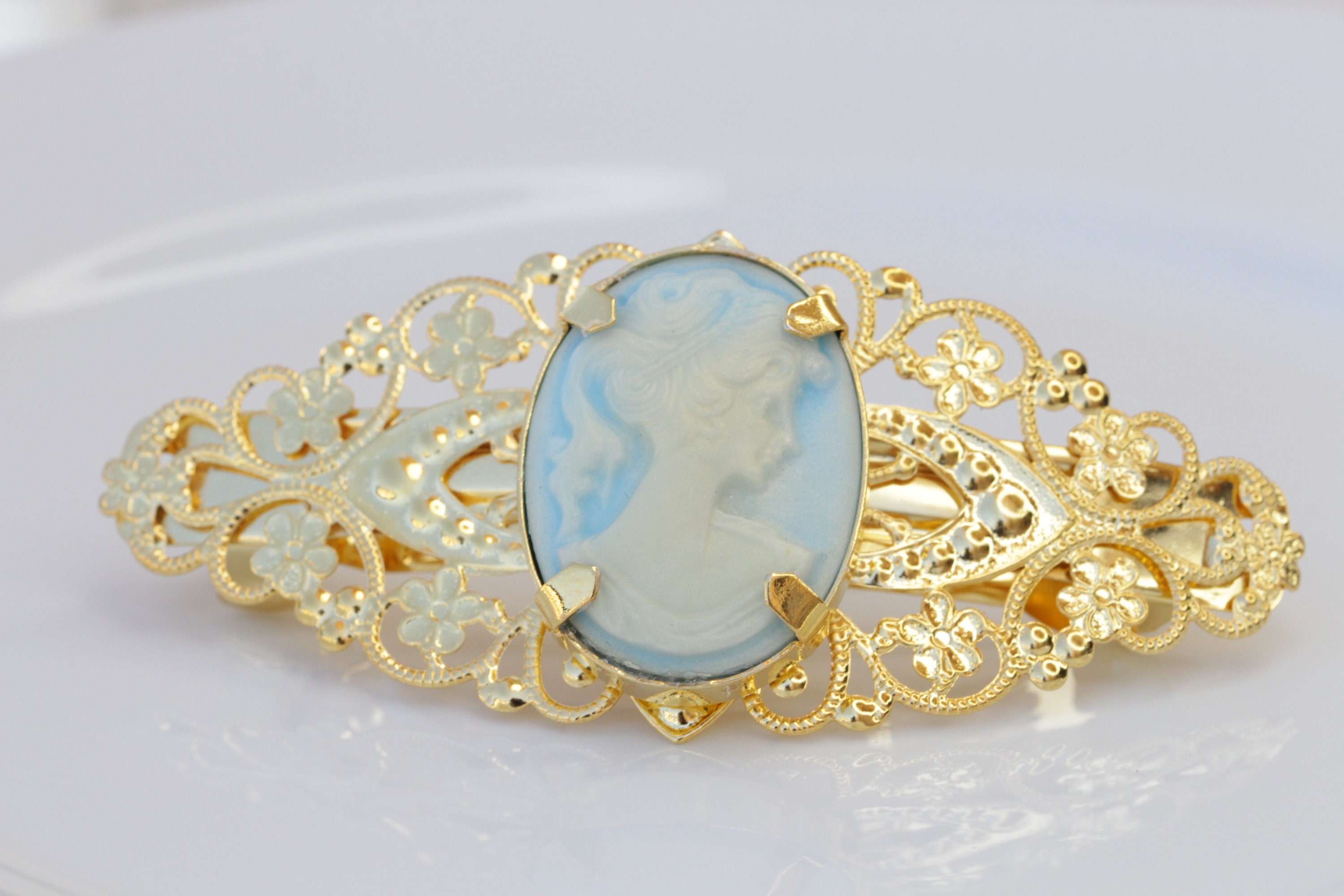 Blue Cameo Hair Barrette, Gold Filigree Vintage Bridal Clip  display picture 2