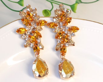 CITRINE EARRINGS,  Yellow Gold Chandeliers, Bridal Earrings, Wedding Rhinestone Earrings,Teardrop Earrings, Yellow Crystal Earrings