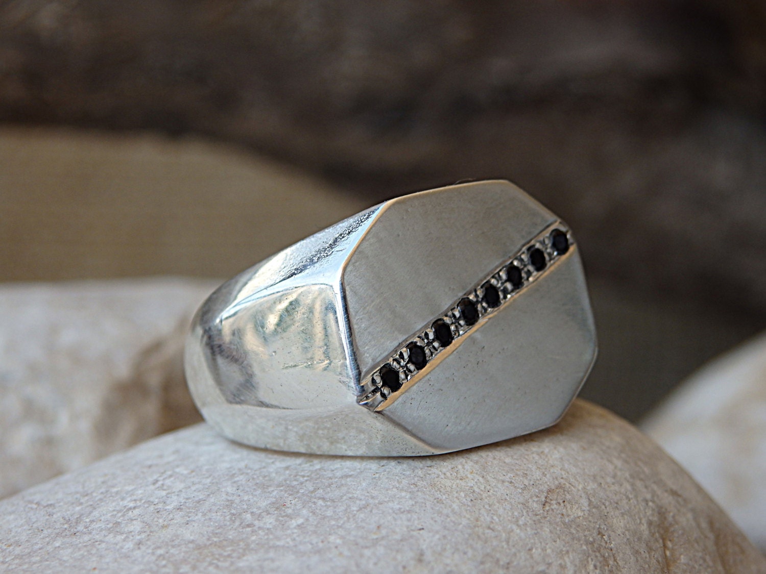 Ring. 925 Sterling Silver Octagon Ring with Black Etsy