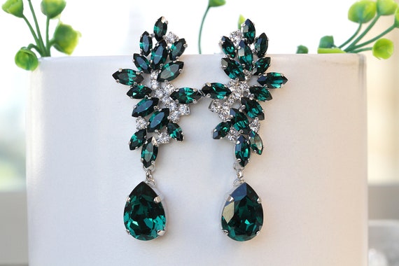 EMERALD DANGLE EARRINGS Statement Chandeliers for Bridal Wedding