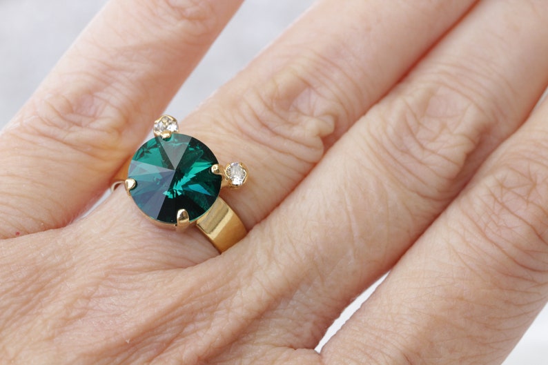 Emerald ENGAGEMENT RING Dark Green Stone Ring Crystal Ring Etsy