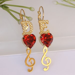 PENDIENTES DE MÚSICA RUBÍ, Regalo amante de la música, Pendientes, Pendientes de palanca, Pendientes de letras personalizados, Pendientes de música nupcial, Pendientes de corazón