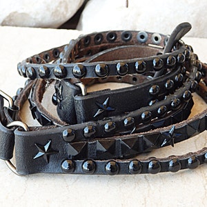 Studded belt, Gothic leather belt, Silver metal belt, Black leather belt, Multi layered leather belt for women thin belt, Metal buckle belt
