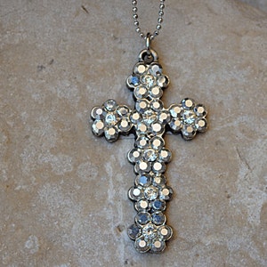 Cross necklace.  gemstone cross. White Crystals Silver cross necklace. Religious jewelry. , Rhinestone Crystal Church Necklace Gift For Her