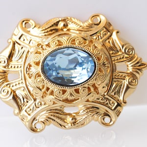 AQUAMARINE BROOCH, Filigree Dresses Brooch, Ethnic Brooch,Lace Brooch, Gold Blue Large Brooch, Antique Style Brooch,Grandmother Vintage Gift