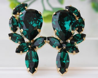 Emerald Earrings, Emerald Bridal Earrings,  Emerald Green Earrings,Big Studs, Statement Emerald Earrings, Emerald Cluster Earrings.