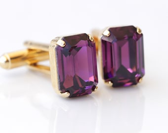 Gemelos de amatista: regalo de traje de cristal geométrico bañado en oro de 24 quilates