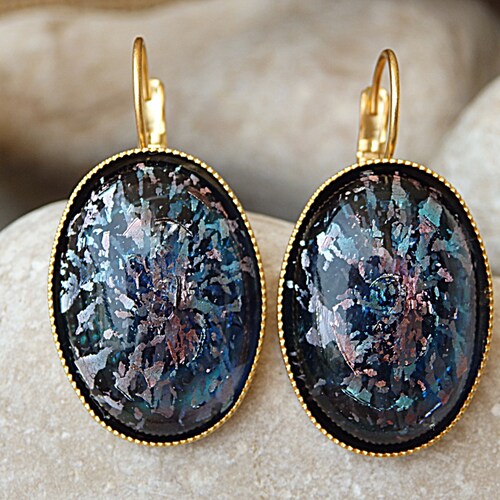 Blue Crystal Earrings, Fused Glass Jewelry, Gold Plated Earrings, Blue Pink shops Oval Earrings, Large Leverback Earrings. Something Blue For Her
