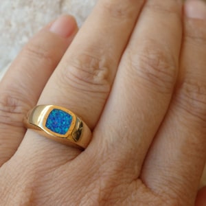 Opal Gold Signet Ring, Fire Opal Signet Ring, Blue Signet Ring, Square Opal Ring, Square Goldfilled Ring, Men Women Unisex Gold Signet Ring image 2