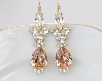 Blush Crystal Bridal Earrings, Rose Gold Wedding Jewelry