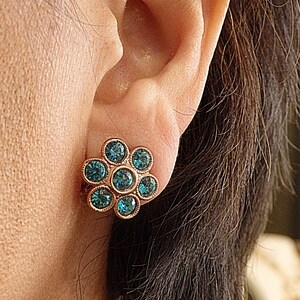 Rose Gold Turquoise Crystal Flower Clip On Earrings, Non Pierced