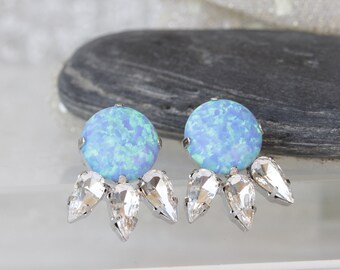 Blue Opal Stud Earrings, October birthstone, Crystal Drops