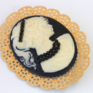 BLACK CAMEO BROOCH,  Cameo Brooch, Gold Black Cameo Brooch, Lady Brooches, Oval Cameo Brooch ,Coat Brooch,Jacket Statement Brooch Gift