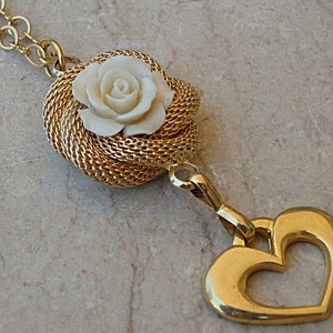 Coral Heart Necklace: 24K Gold Plate, White Flower Bridal Jewelry