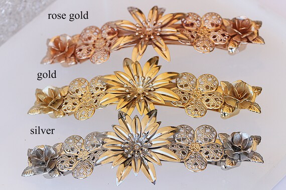 Flower Hair Barrette, Gold Plated Bridal Hair Clip (100 Mm  display picture 3