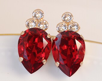 Red Teardrop Crystal Stud Earrings: Bridal Wedding Jewelry