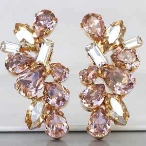 BLUSH EARRINGS, Vintage Rose Crystal earrings, Champagne Wedding jewelry, Rose Gold Cluster Studs, Bridal Earring,  Morganite Pink