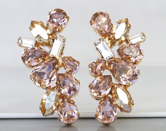 Blush Crystal Cluster Earrings, Rose Gold Bridal Jewelry