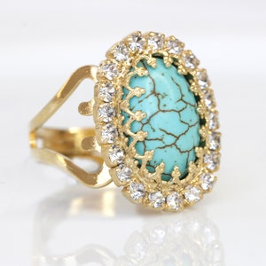 TURQUOISE STONE RING, Gold Turquoise Ring,Natural Stone Jewelry, Gemstone Adjustable Ring,  Crystal Blue Turquoise Gold Plated Ring