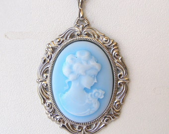 Blue Cameo Pendant Necklace, Victorian Style, Women's Jewelry