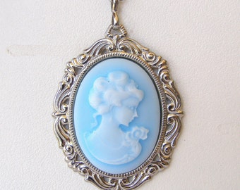 Blue Cameo statement Necklace, Victorian Blue Toggle Cameo Necklace- Women's Jewelry Gift, Antique Cameo Large Pendant Necklace Light Blue