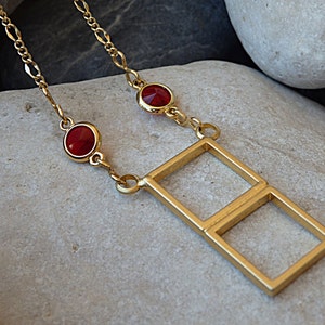 Gold geometric necklace. Geometric pendant. Red  necklace with squars pendant. Modern geometric necklace for Women&#39;s jewelry gift