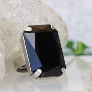 JET BLACK RING, Rectangle Ring, Big Crystal Ring, Statement Ring,  Cocktail Large Ring, Silver Black Ring, Gift For Wife, Bridesmaid Ring