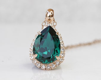 Collar con colgante de lágrima de esmeralda, conjunto de joyería nupcial de cristal