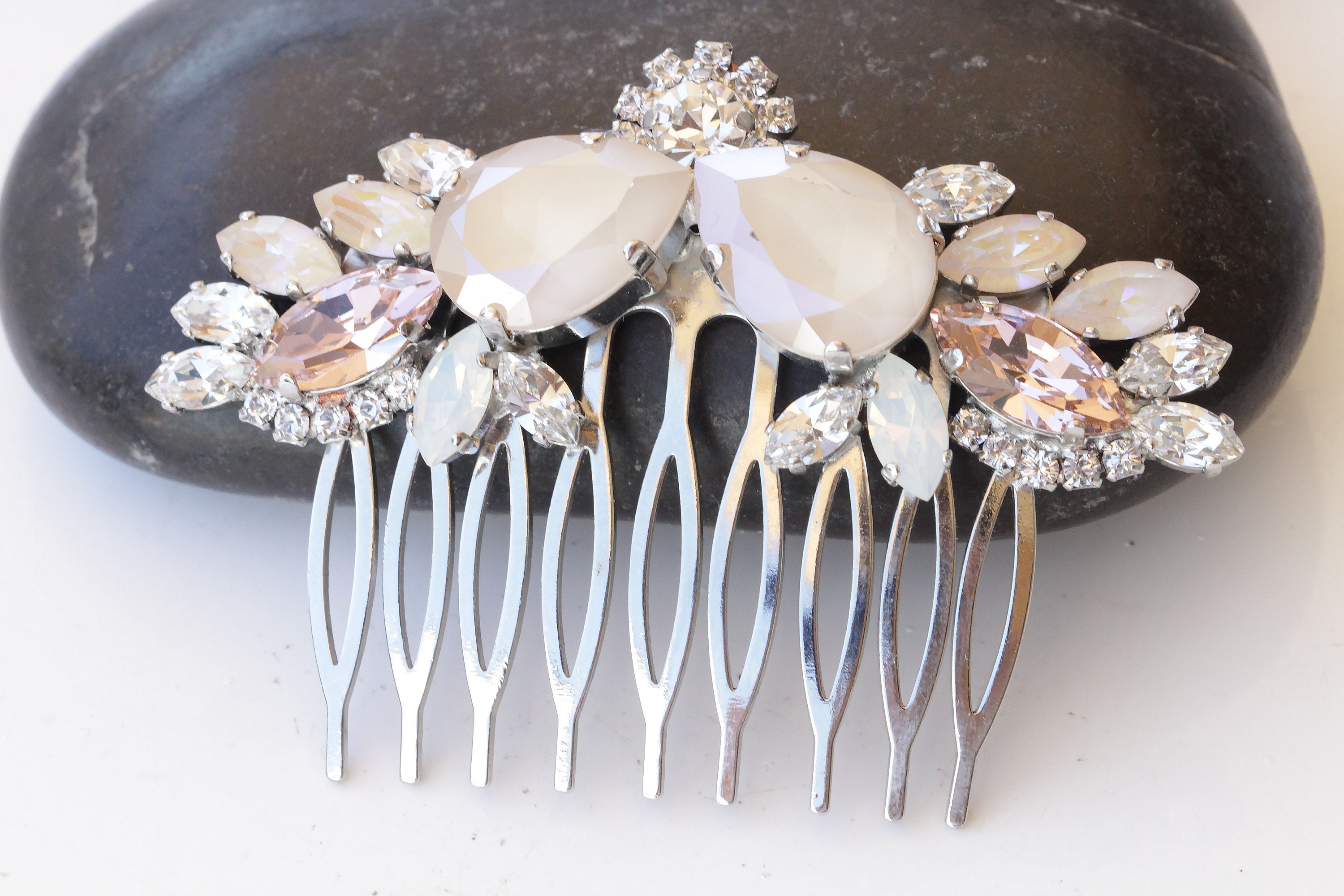 Bridal Hair Comb, Morganite Crystals, Rhinestone Hair  display picture 3