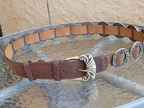 Brown Leather Boho Belt: Brass Buckle, Circle Ornaments - Etsy display picture 3