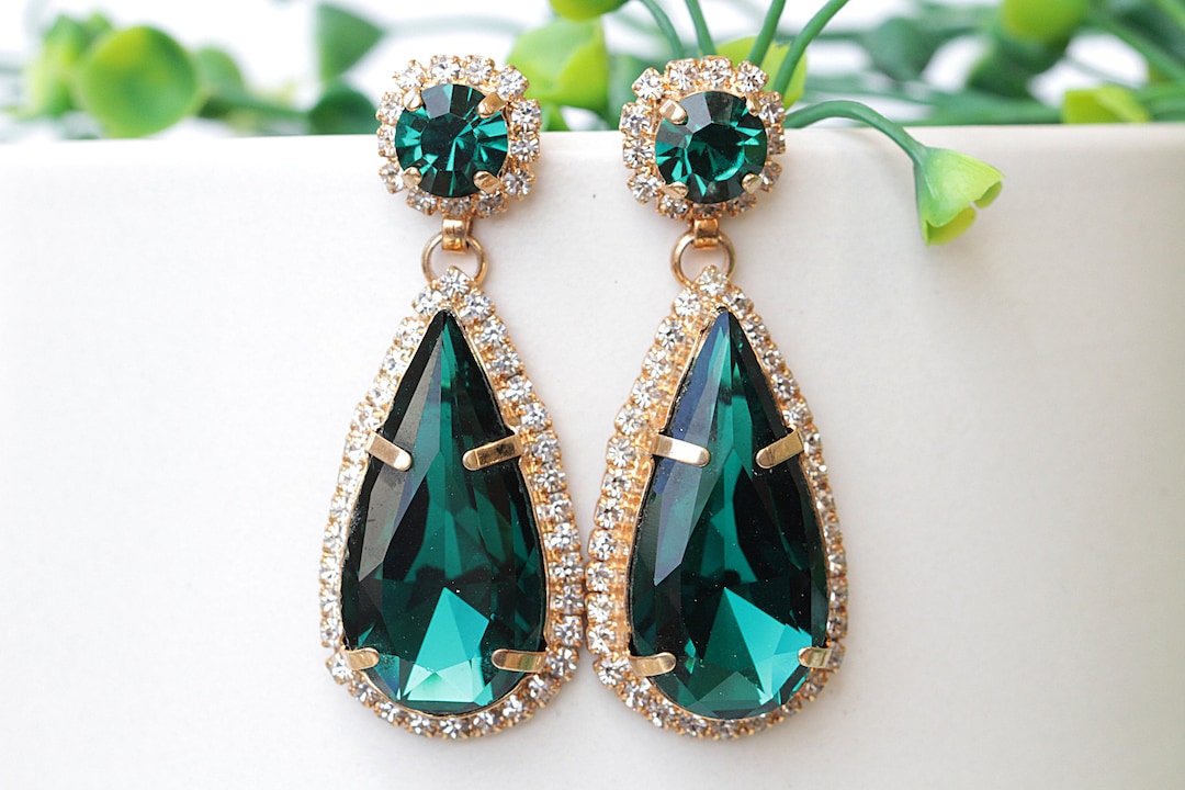 EMERALD EARRINGS, Emerald Drop Earrings, Deep Green Emerald Statement Earrings, Mother of the