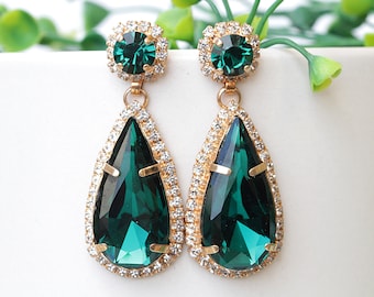 EMERALD  EARRINGS, Emerald Drop Earrings, deep green emerald Statement Earrings, Mother of The Bride Jewelry,Emerald Wedding Bridal