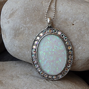 Opal and  Pave Necklace, Silver White Opal Necklace, Oval Opal Necklace, White Fire Opal Pendant, AB Crystal with opal pendant, Pave Jewelry