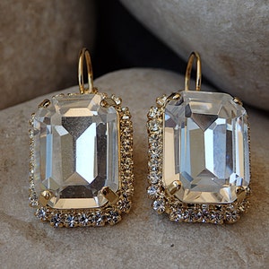 Crystal Earrings, Diamond  Crystal Drop Earrings, Pave Octagon Earrings, Princess Jewelry, Gold Frame Clear White Crystal Earrings