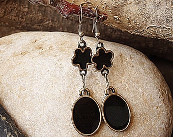 Pendientes colgantes de esmalte negro: Regalo de joyería elíptica de plata