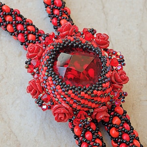 Red Black Necklace, Beaded Necklace, Hand made jewelry, Coral necklace, Bead Crochet Necklace, Woman necklace Gift, Ooak Evening Necklace