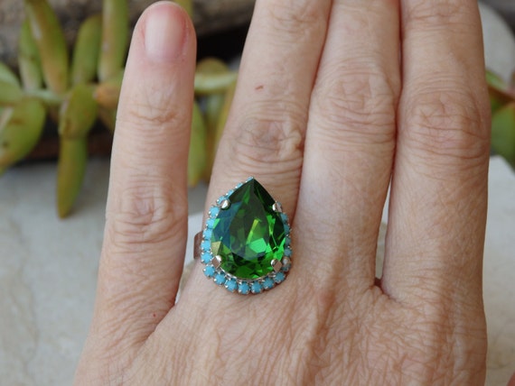 Emerald Ring Jewelry Set Green Turquoise Teardrop Crystal Ring