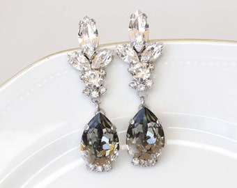 GRAY DANGLE EARRINGS,Bridal Black Diamond Earrings, Real  Evening earrings, Smokey Cocktail Woman earrings, Long Chandelier earring