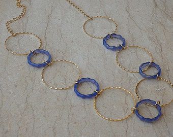 Birthday Gift Idea's. Cool Long hoops necklace. Agate necklace. Gold necklace. Blue gold circle necklace. Real gemstone jewelry for women