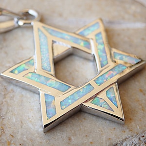 Gemstone Star of David Necklace, White Opal Large Pendant, Magen David Charms, Jewish Jewelry, Tradition Hebrew Jewelry, Rosh Hashanah Gifts