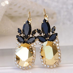 BLACK GOLD EARRINGS,  Crystal Earrings, Bridal Drop Earrings, Evening Statement Earrings, Jewelry For Woman Gift, Formal Earrings