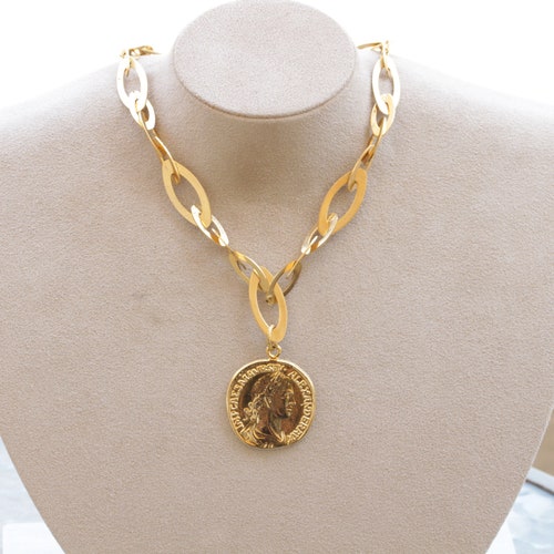 COIN NECKLACE, Woman Necklace, Long Chunky Necklace, Gold Coin Necklace, Ancient Coin Style, shops Statement Coin Pendant,Medallion Necklace Gift