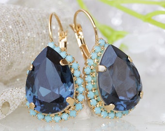 NAVY BLUE EARRINGS, Turquoise Blue,  Earrings, Pear Shaped Earrings,Leverback Earrings,Something Blue For Bride,Topaz Blue Earrings