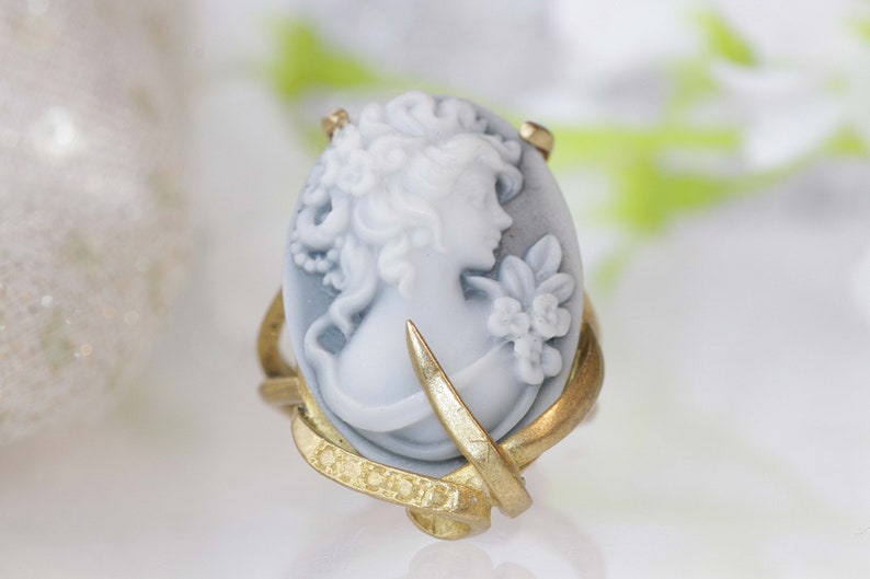 CAMEO RING, Art Deco Boho Ring, Black And White Ring, Gray Cameo Ring, Unique Engagement Ring, Gold Filled Ring, Women's Statement Ring Gift image 1