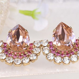 BLUSH EARRINGS, Morganite Bridal Earrings, Teardrop Unique Earrings,  Crystal Earrings, Woman Blush Pink Earrings, Statement Studs