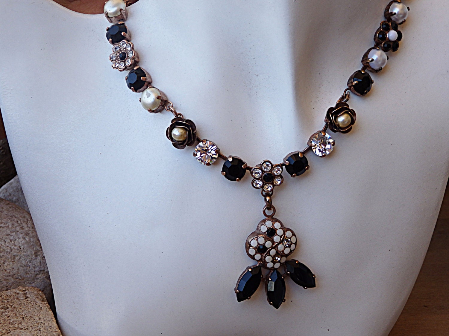 Black and white crystal necklace with pendant. Black evening Etsy
