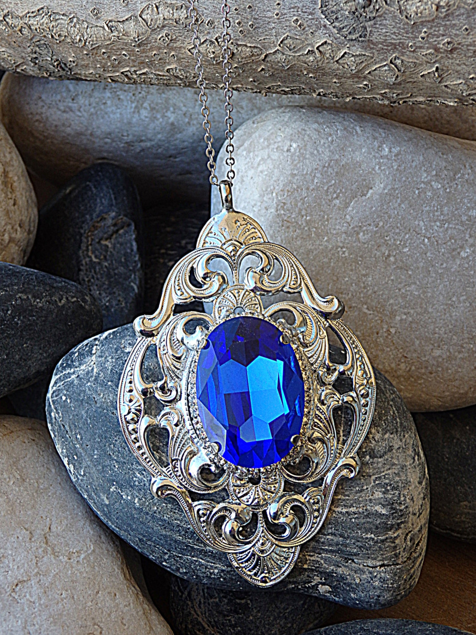 Blue Royal Necklace. Necklace. Long Necklace. Filigree Silver Etsy